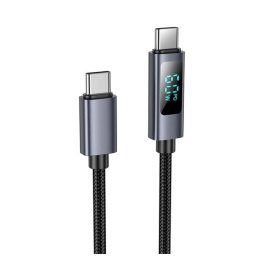   HOCO U112 adatkábel (Type-C - Type-C, 60W, PD gyorstöltő, LED kijelző, cipőfűző, 100cm) FEKETE