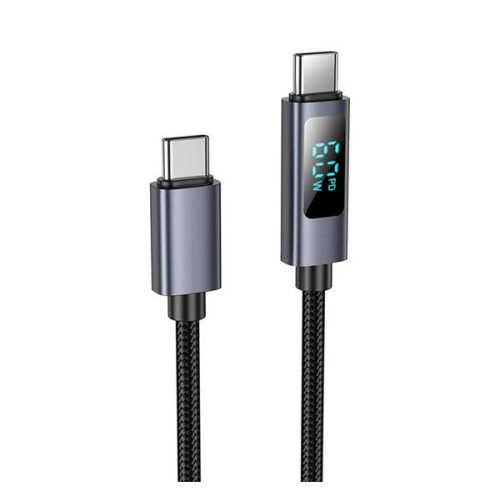 HOCO U112 adatkábel (Type-C - Type-C, 60W, PD gyorstöltő, LED kijelző, cipőfűző, 100cm) FEKETE