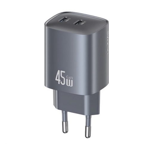 USAMS hálózati töltő 2 Type-C aljzat (45W, GaN, PD gyorstöltő 3.0) SÖTÉTSZÜRKE