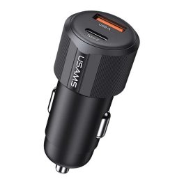  USAMS YT autós töltő USB+Type-C aljzat (60W, PD gyorstöltő) FEKETE