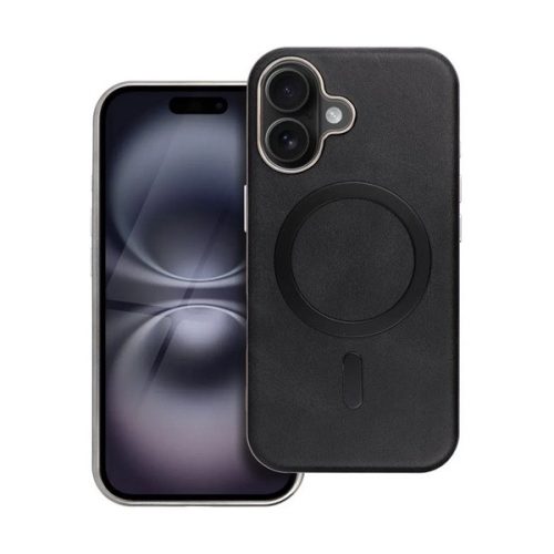 Szilikon telefonvédő (ECO bőr hatású hátlap, karcolásmentesítő belső, fém kameravédő, MagSafe, prémium) FEKETE