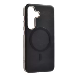   Szilikon telefonvédő (ECO bőr hatású hátlap, karcolásmentesítő belső, fém kameravédő, mágneses, prémium) FEKETE