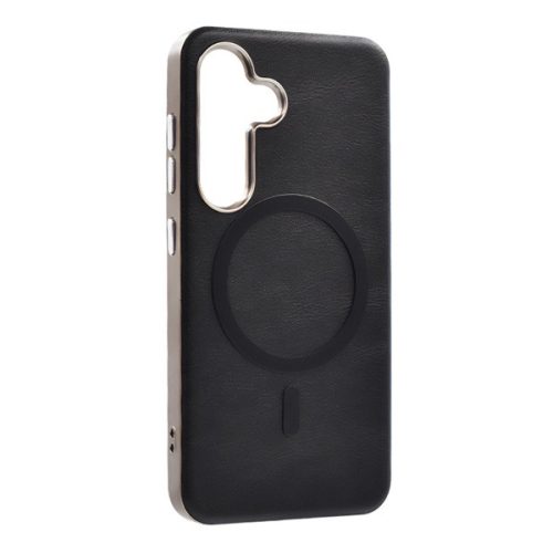 Szilikon telefonvédő (ECO bőr hatású hátlap, karcolásmentesítő belső, fém kameravédő, MagSafe, prémium) FEKETE