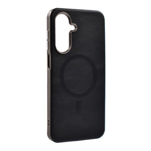 Szilikon telefonvédő (ECO bőr hatású hátlap, karcolásmentesítő belső, fém kameravédő, MagSafe, prémium) FEKETE
