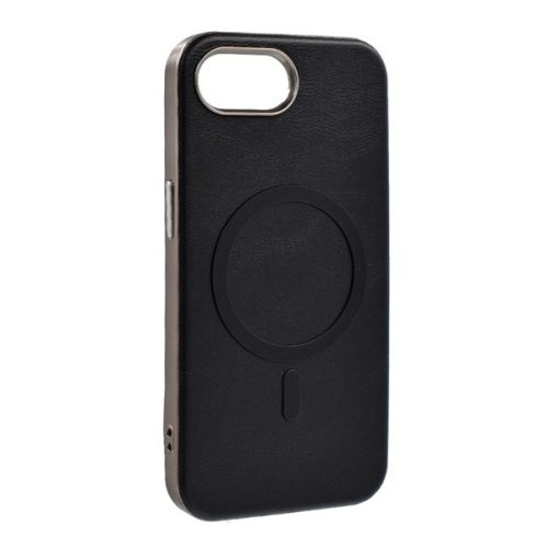 Szilikon telefonvédő (ECO bőr hatású hátlap, karcolásmentesítő belső, fém kameravédő, MagSafe, prémium) FEKETE