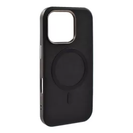   Szilikon telefonvédő (ECO bőr hatású hátlap, karcolásmentesítő belső, fém kameravédő, MagSafe, prémium) FEKETE