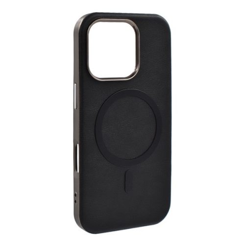 Szilikon telefonvédő (ECO bőr hatású hátlap, karcolásmentesítő belső, fém kameravédő, MagSafe, prémium) FEKETE