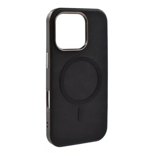 Szilikon telefonvédő (ECO bőr hatású hátlap, karcolásmentesítő belső, fém kameravédő, MagSafe, prémium) FEKETE