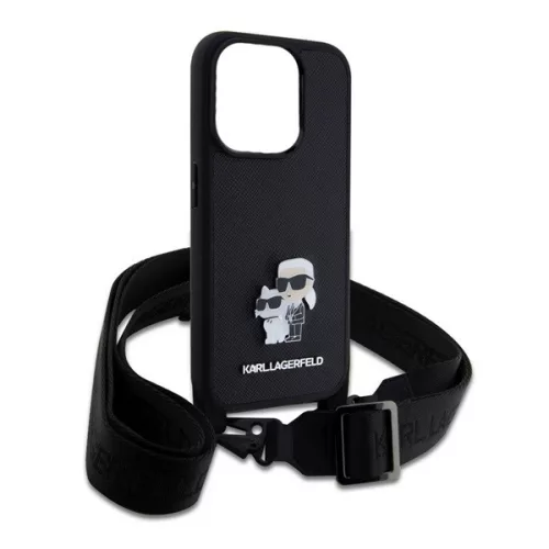 KARL LAGERFELD SAFFIANO CROSSBODY STRAP METAL KARL AND CHOUPETTE szilikon telefonvédő (ütésállóság, nyakpánt) FEKETE