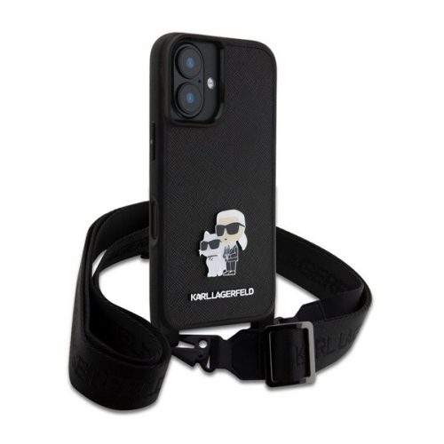 KARL LAGERFELD SAFFIANO CROSSBODY STRAP METAL KARL AND CHOUPETTE szilikon telefonvédő (ütésállóság, nyakpánt) FEKETE