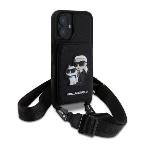 KARL LAGERFELD SAFFIANO CROSSBODY STRAP szilikon telefonvédő (ütésállóság, nyakpánt, kártyatartó) FEKETE