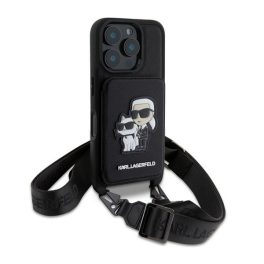 KARL LAGERFELD SAFFIANO CROSSBODY STRAP szilikon telefonvédő (ütésállóság, nyakpánt, kártyatartó) FEKETE   KARL LAGERFELD SAFFIANO CROSSBODY STRAP szilikon telefonvédő (ütésállóság, nyakpánt, kártyatartó) FEKETE