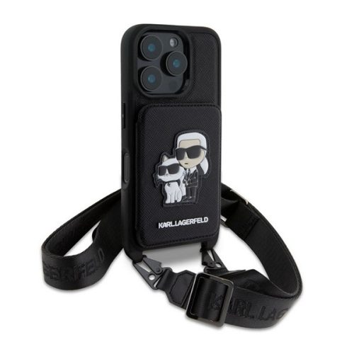 KARL LAGERFELD SAFFIANO CROSSBODY STRAP szilikon telefonvédő (ütésállóság, nyakpánt, kártyatartó) FEKETE