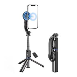   AWEI szelfibot (univerzális, tripod állvány, mágneses, állítható, bluetooth távkioldó, 104cm) FEKETE