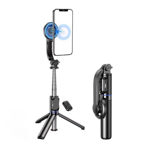 AWEI szelfibot (univerzális, tripod állvány, mágneses, állítható, bluetooth távkioldó, 104cm) FEKETE
