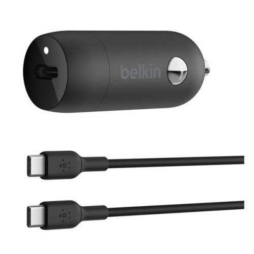 BELKIN BOOST CHARGE autós töltő Type-C aljzat (30W, PD gyorstöltő + Type-C kábel) FEKETE