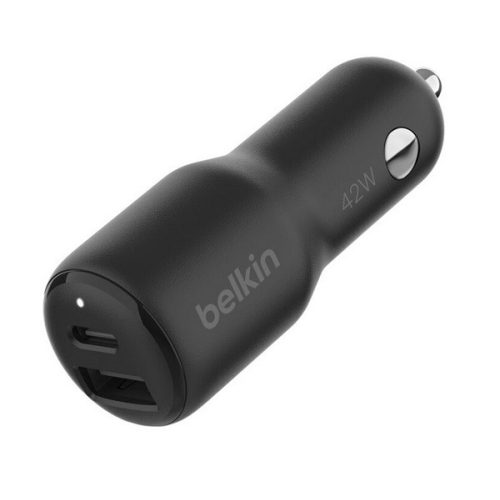 BELKIN BOOST CHARGE DUAL autós töltő USB+Type-C aljzat (42W, PD gyorstöltő) FEKETE