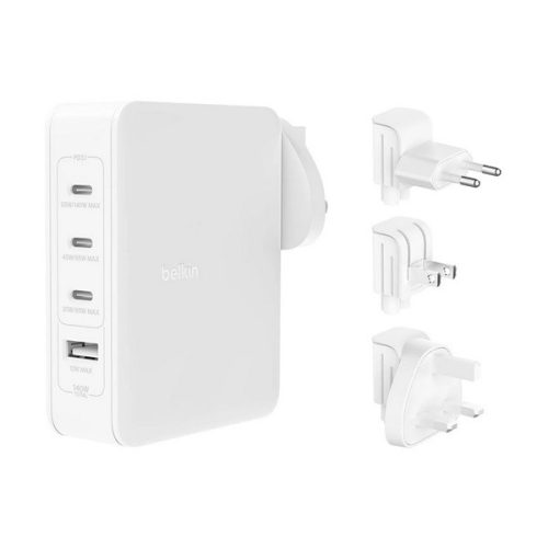 BELKIN BOOST CHARGE PRO utazó töltő USB+3 Type-C aljzat (140W, GaN, gyorstöltés, EU, UK, US) FEHÉR