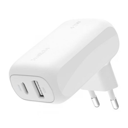BELKIN DUAL hálózati töltő USB+Type-C aljzat (42W, PD gyorstöltő 3.0) FEHÉR