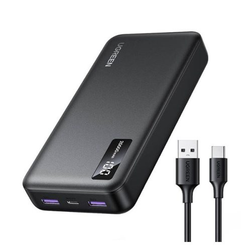 UGREEN PB312 vésztöltő 2 USB+Type-C aljzat (20000mAh, 20W, PD gyorstöltő, LED kijelző) FEKETE