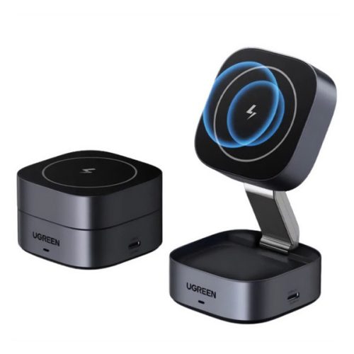 UGREEN W702 asztali töltő 2in1 (15W, gyorstöltő, wireless, MagSafe, Apple Airpods töltő, Qi2 szabvány) SÖTÉTSZÜRKE