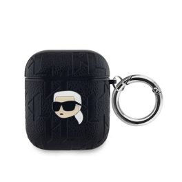   KARL LAGERFELD PU EMBOSSED KARL HEAD szilikon tok (ütésállóság, karabíner) FEKETE Apple AirPods 1/2