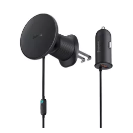   BASEUS CW01 autós tartó (szellőzőre, 15W, wireless, mágneses + autós töltő USB aljzat) FEKETE