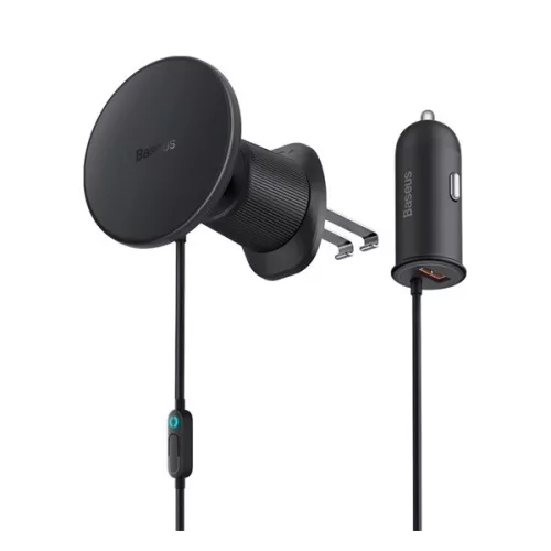 BASEUS CW01 autós tartó (szellőzőre, 15W, wireless, mágneses + autós töltő USB aljzat) FEKETE