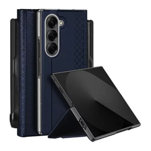DUX DUCIS BRIL műanyag telefonvédő (ütésállóság, bőr hatású hátlap, asztali tartó, ceruzatartó, rombusz) SÖTÉTKÉK