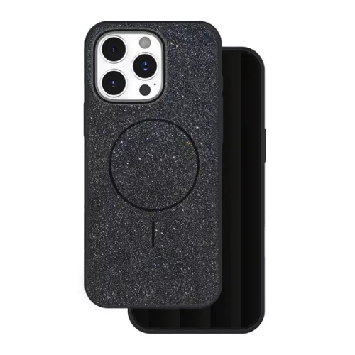 Szilikon telefonvédő (műanyag hátlap, kameravédő, MagSafe, csillogó) FEKETE