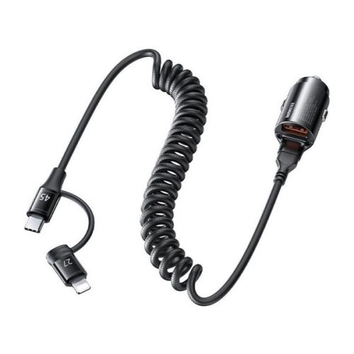 REMAX RUICHY autós töltő USB aljzat (45W, PD gyorstöltő + fix spirál Type-C - lightning kábel) FEKETE