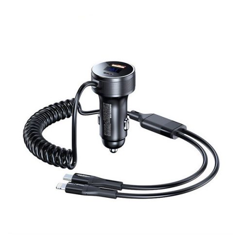 REMAX SAGA autós töltő USB+Type-C aljzat (52W, PD gyorstöltő, LED kijelző + fix Type-C - lightning spriál kábel) FEKETE