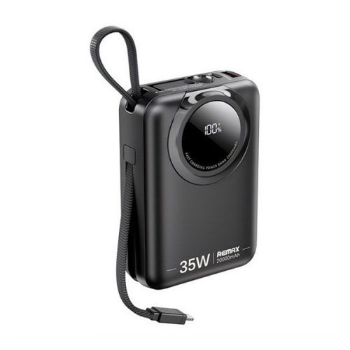 REMAX SCUBA vésztöltő Type-C+lightning aljzat (20000mAh, 35W, PD gyorstöltő, LED kijelző + fix Type-C kábel) FEKETE