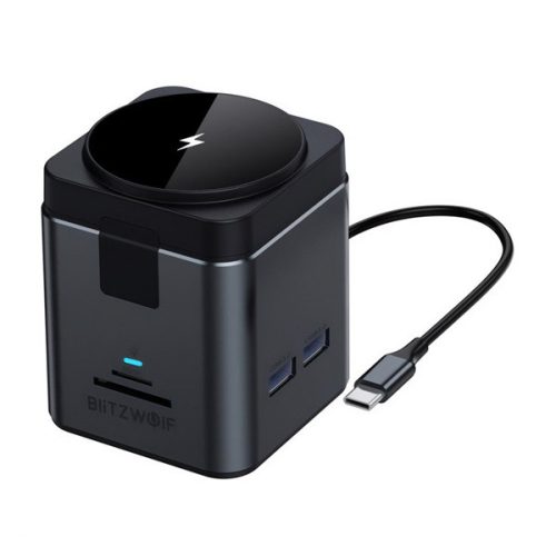 BLITZWOLF Type-C HUB 9in1 (elosztó, 100W, 3 USB+Type-C+RJ45+HDMI+2 TF/SD kártya aljzat, 15W, wireless) FEKETE