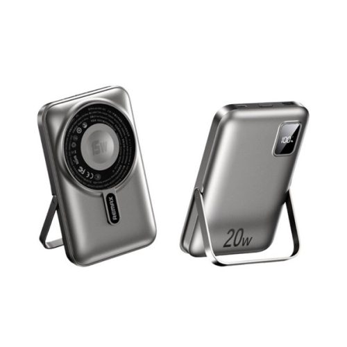 REMAX vésztöltő USB+Type-C aljzat (10000mAh, 15W, wireless, mágneses, kitámasztó + fix Type-C - lightning kábel) SZÜRKE