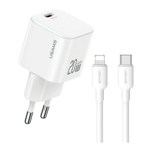 USAMS JO hálózati töltő Type-C aljzat (20W, PD gyorstöltő + lightning kábel) FEHÉR