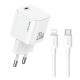USAMS JO hálózati töltő Type-C aljzat (20W, PD gyorstöltő + lightning kábel) FEHÉR