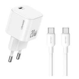   USAMS JO hálózati töltő Type-C aljzat (20W, PD gyorstöltő + Type-C kábel) FEHÉR