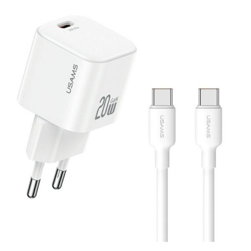USAMS JO hálózati töltő Type-C aljzat (20W, PD gyorstöltő + Type-C kábel) FEHÉR