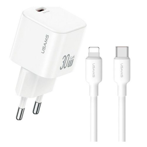 USAMS JO hálózati töltő Type-C aljzat (30W, PD gyorstöltő + lightning kábel) FEHÉR