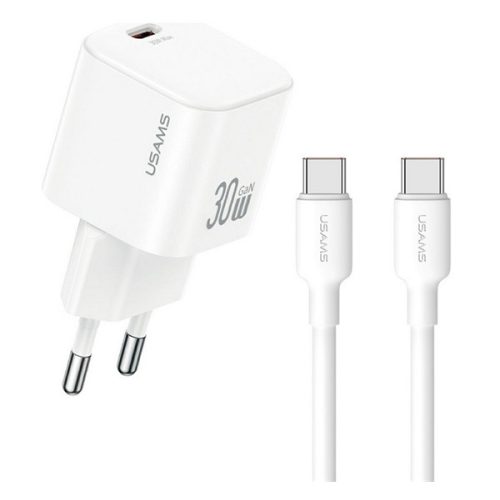 USAMS JO hálózati töltő Type-C aljzat (30W, PD gyorstöltő + Type-C kábel) FEHÉR