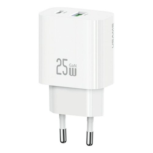 USAMS T65 hálózati töltő USB+Type-C aljzat (25W, PD gyorstöltő) FEHÉR