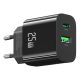 USAMS T65 hálózati töltő USB+Type-C aljzat (25W, PD gyorstöltő) FEKETE