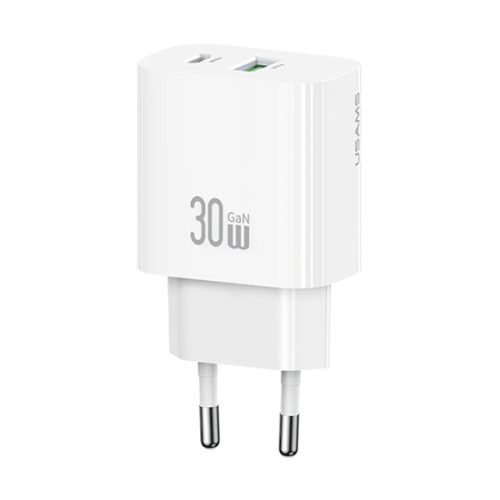 USAMS T65 hálózati töltő USB+Type-C aljzat (30W, PD gyorstöltő) FEHÉR
