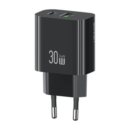 USAMS T65 hálózati töltő USB+Type-C aljzat (30W, PD gyorstöltő) FEKETE