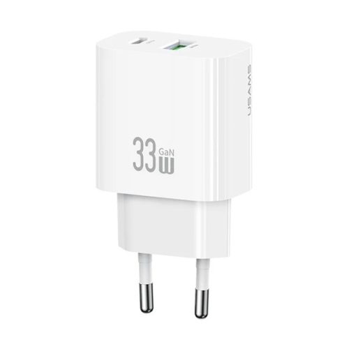 USAMS T65 hálózati töltő USB+Type-C aljzat (33W, PD gyorstöltő) FEHÉR