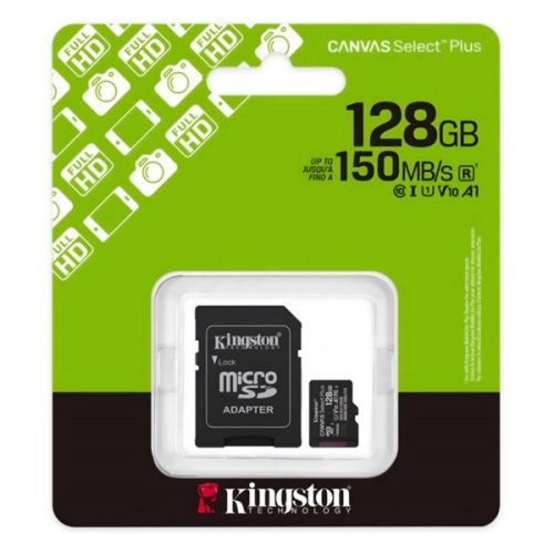 KINGSTON memóriakártya 128GB (microSDXC Canvas Select Plus Gen3 - Class 10, UHS-1, U1, V10, A1) - SD adapter