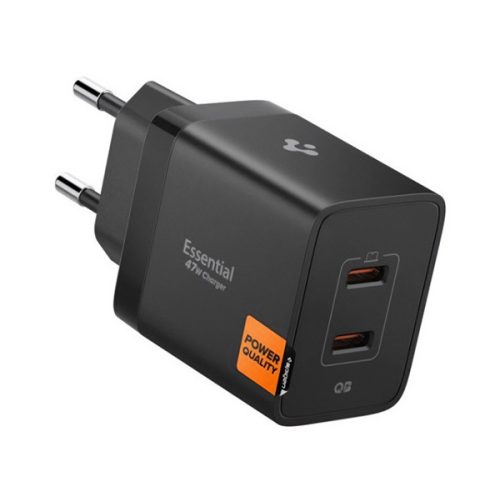 SPIGEN ESSENTIAL hálózati töltő 2 USB aljzat (47W, GaN, PD gyorstöltő 3.0) FEKETE