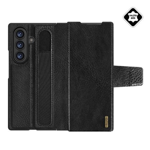 NILLKIN AOGE műanyag telefonvédő (valódi bőr hátlap, mikrofiber plüss belső, ceruza tartó) FEKETE