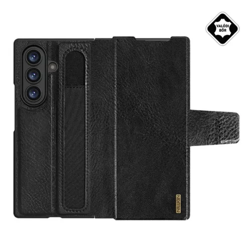 NILLKIN AOGE műanyag telefonvédő (valódi bőr hátlap, mikrofiber plüss belső, ceruza tartó) FEKETE